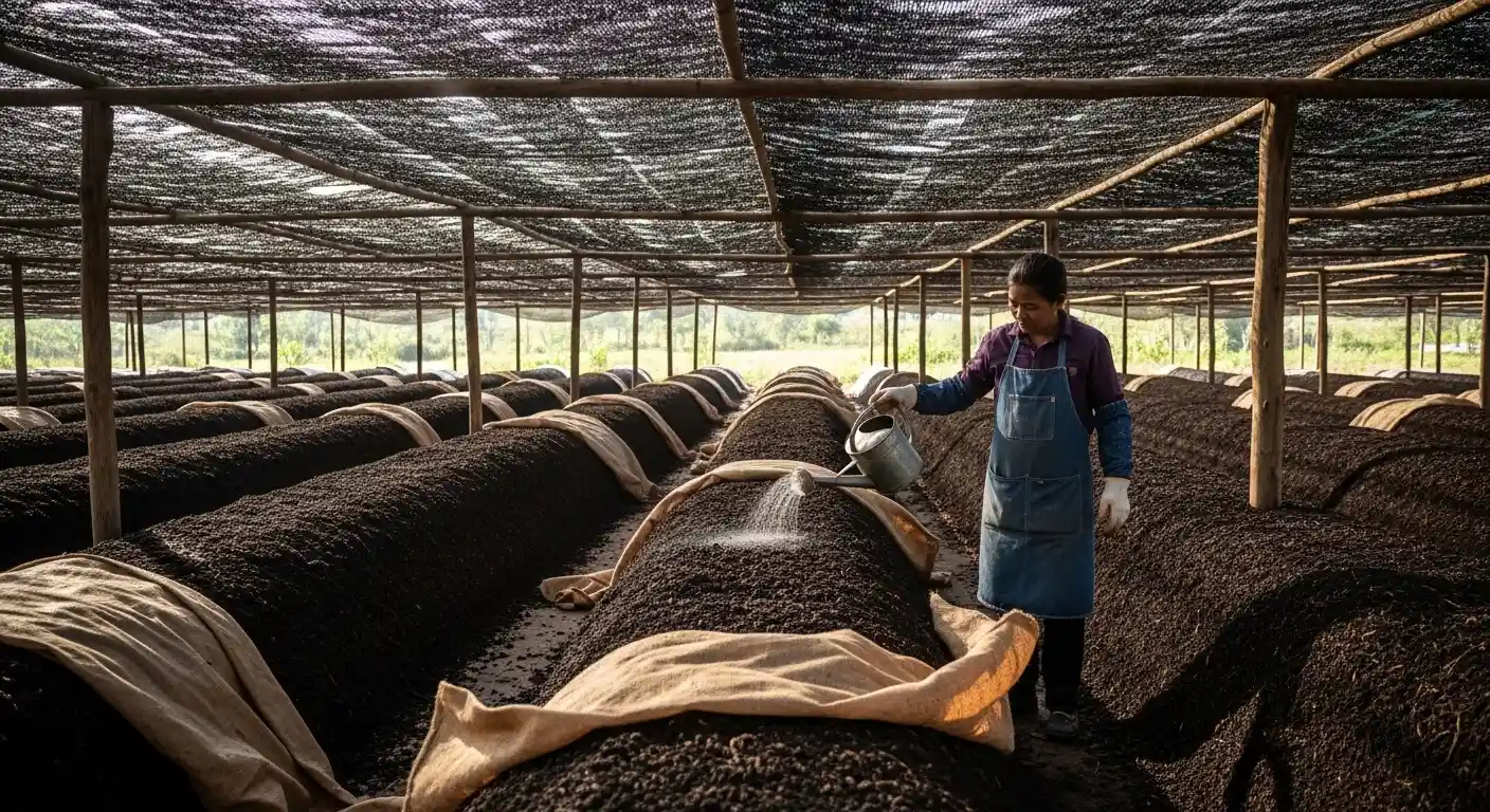 Heap method of vermicomposting mounds under a thatched roof.