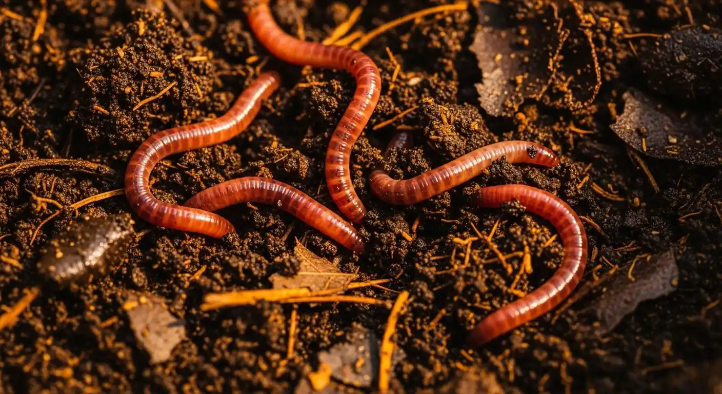 Red wiggler worms in dark, nutrient-rich vermicompost soil — the best worms for vermicomposting