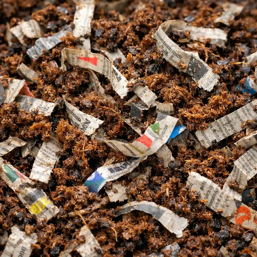 Close-up of fluffy, moist worm bin bedding made from shredded newspaper strips and coco coir