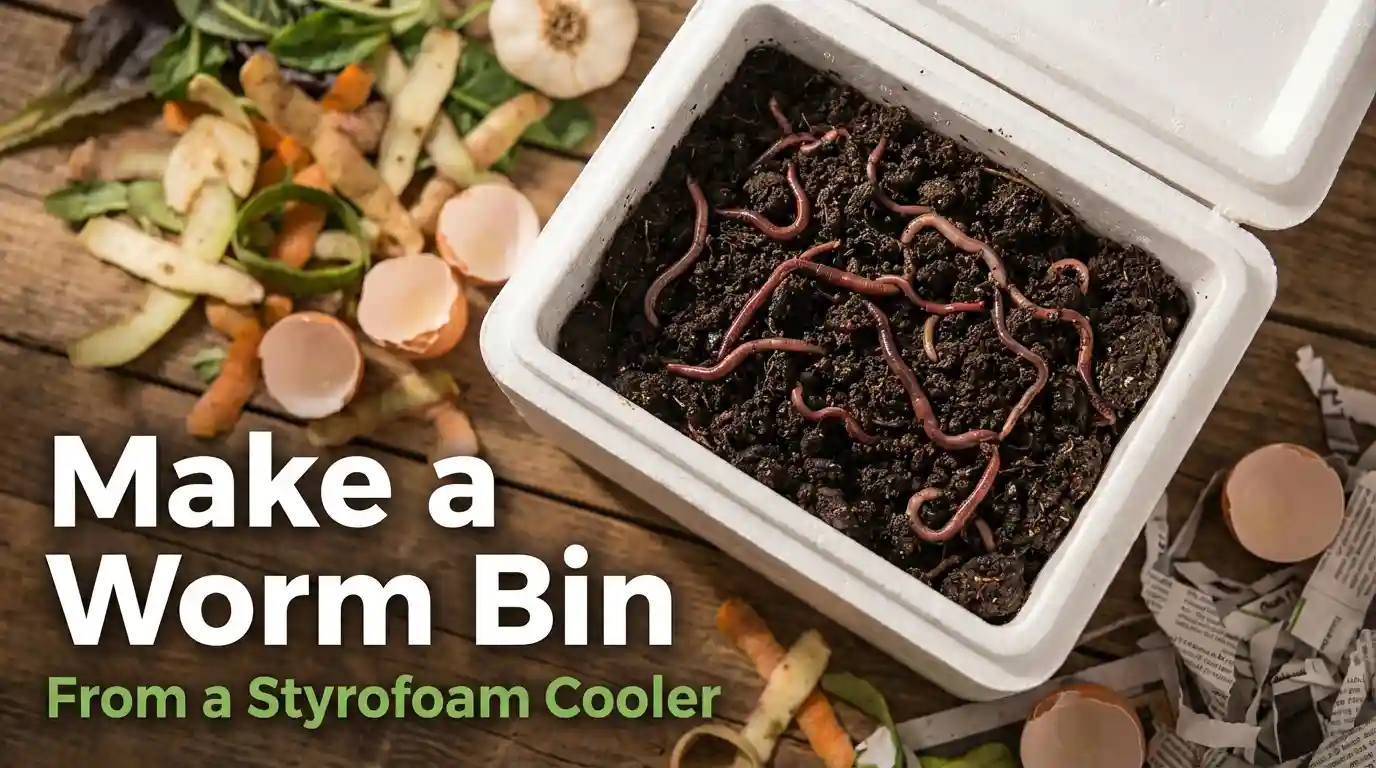 DIY Styrofoam cooler worm bin construction showing ventilation and bedding.