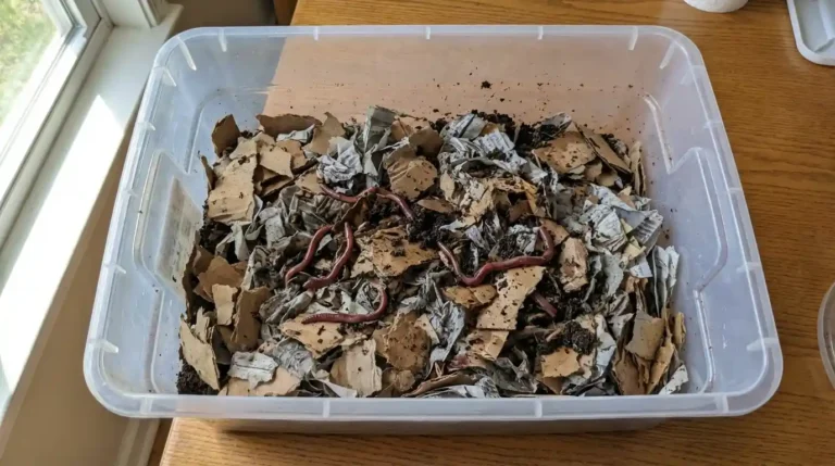 Most worm bin failures aren't caused by bad worms — they're caused by bad bedding. Get the moisture wrong, use the wrong materials, or pack things too tightly, and your red wigglers will struggle from day one. Learning how to make worm bedding at home correctly takes less than 20 minutes, and in this guide you'll master exactly two things: which materials to use and how to prepare them the right way. [ALT: Close-up of fluffy, moist worm bin bedding made from shredded newspaper strips and coco coir] What Is Worm Bedding and Why Does It Matter? Worm bedding isn't just filler. It's your worm's home, moisture regulator, and carbon source all rolled into one. Red wigglers (Eisenia fetida) — the go-to composting worm — breathe through their skin, which means bedding moisture is a life-or-death detail. It should always feel like a wrung-out sponge: consistently damp, never dripping. Bedding also balances your bin. Food scraps are the "green" (nitrogen) side. Bedding is the "brown" (carbon) side. You need both for a healthy, odor-free bin. Quick tip: If your worm bin smells bad, your bedding is usually the problem — too wet, too little of it, or not enough carbon material. [INTERNAL LINK: How to Set Up a Worm Composting Bin] Best Materials for Making Worm Bedding at Home Here's what most guides miss: you have real options, and blending them is always better than using just one. Shredded newspaper — Free and accessible. Tear into 1-inch strips. Skip glossy or colored ink pages. Downside: breaks down quickly and needs refreshing more often. Corrugated cardboard — A worm favorite. Remove tape and coatings, tear into palm-sized pieces, and soak briefly. Doubles perfectly as a top cover layer. Coconut coir (coco coir) — The gold standard. pH-neutral, mold-resistant, and holds moisture without getting soggy. Comes in compressed bricks — just expand with water. Aged leaves or leaf litter — Free from your backyard. Use dry, crumbled leaves (not fresh green ones) and mix with newspaper for best results. Peat moss — Good moisture retention but slightly acidic. Use sparingly as a 20–30% blend ingredient, never as your primary bedding. Avoid: Glossy paper, synthetic materials, treated wood shavings (cedar and pine are toxic to worms), and fresh grass clippings alone. [ALT: Flat lay of worm bedding materials — newspaper strips, coco coir brick, cardboard pieces, dried leaves, peat moss] The Bedding Blend Formula (Most Guides Skip This) The best vermicomposting bedding isn't a single material — it's a balanced mix. Here's the beginner blend to follow: 50% shredded newspaper or cardboard (structure and carbon) 30% coco coir, pre-moistened (moisture stability) 20% aged leaves or garden soil (grit and beneficial microbes) The newspaper provides carbon and air pockets. The coco coir locks in the right moisture level. The soil introduces microbes that help worms acclimate faster and kick-start decomposition. This blend is more stable and far more forgiving than newspaper alone. Pro tip: Add a small handful of finished compost to the fresh bedding to jump-start microbial activity right away. Step-by-Step: How to Make Worm Bedding at Home Step 1: Gather your materials — shredded newspaper or cardboard, coco coir, aged leaves or garden soil, and a spray bottle with water. Step 2: Shred and prepare — Tear newspaper into 1-inch strips. Break cardboard into palm-sized pieces and remove any tape. Expand coco coir in a bucket of water until fully hydrated. Step 3: Check and adjust moisture — Squeeze a handful. A few drops should fall — not a stream. Too wet? Add dry material and fluff. Too dry? Spray lightly and remix. Step 4: Mix your bedding blend — Combine using the 50/30/20 formula. Keep it loose and airy, 4–6 inches deep. Never pack it down — worms need oxygen just as much as moisture. Step 5: Add a cardboard top layer — Place a flat, damp piece of cardboard directly on top. It holds moisture, blocks out light (worms hate light), and breaks down as an extra food source. Step 6: Let it rest 24–48 hours before adding worms — This allows chlorine from tap water to off-gas and gives beneficial microbes time to activate. Almost no guide mentions this step — but it makes a real difference in how quickly worms settle in. [ALT: Six-step collage — shredding newspaper, soaking coir, squeezing moisture test, mixing blend, fluffing in bin, placing cardboard cover] How to Know Your Bedding Is Ready for Worms Before adding your red wigglers, confirm the following: the bedding smells earthy and neutral (not sour or chemical), it feels evenly damp throughout, there are visible air pockets when you fluff it, and the temperature has settled to room temperature. If it smells sour, add dry carbon material and fluff. If it's bone dry, spray lightly and recheck after 30 minutes. Small patches of white mold are normal — just mix them in. Excessive mold means it's too wet: add dry bedding and reduce moisture. Common Bedding Mistakes to Avoid Making it too wet — Bedding should never drip freely. This is the #1 new bin killer. Packing it too tightly — Worms breathe; air pockets aren't optional. Using only one material — Single-material bedding breaks down unevenly. Adding food before bedding is established — Wait at least one week before feeding. Using tap water without letting it sit — Chlorine stresses worms. Let it rest an hour or use rainwater. Too much food, not enough bedding — If your bin smells, double the bedding before you reduce food. Maintaining and Refreshing Your Worm Bedding Over Time Bedding naturally shrinks as worms consume it. Add fresh bedding every 2–4 weeks to keep the environment stable. When bedding is nearly gone, it's time to harvest your vermicompost and start fresh. Use the migration method: add fresh bedding to one side of the bin and bury food there for 2–3 weeks. Worms migrate toward the food, leaving finished worm castings on the original side — ready to harvest. Any liquid draining from the bottom of the bin is "worm tea" — a potent liquid fertilizer. Don't discard it. [INTERNAL LINK: How to Harvest Vermicompost at Home] Conclusion Great worm bedding comes down to one blend and one test: the right mix of materials, and the wrung-out sponge moisture check. Get those two right, and your worms will handle everything else. Don't overthink your first attempt — red wigglers are forgiving once the basics are in place. Ready to start? A coco coir brick and a few pages of old newspaper are all you need — your bedding can be ready in under 20 minutes. Once your bin is set up, explore what to feed your worms next. Your garden will thank you for it.