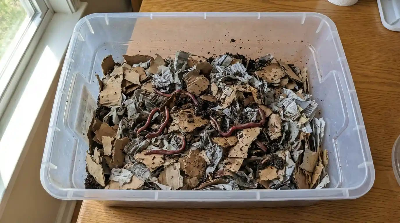 Most worm bin failures aren't caused by bad worms — they're caused by bad bedding. Get the moisture wrong, use the wrong materials, or pack things too tightly, and your red wigglers will struggle from day one. Learning how to make worm bedding at home correctly takes less than 20 minutes, and in this guide you'll master exactly two things: which materials to use and how to prepare them the right way. [ALT: Close-up of fluffy, moist worm bin bedding made from shredded newspaper strips and coco coir] What Is Worm Bedding and Why Does It Matter? Worm bedding isn't just filler. It's your worm's home, moisture regulator, and carbon source all rolled into one. Red wigglers (Eisenia fetida) — the go-to composting worm — breathe through their skin, which means bedding moisture is a life-or-death detail. It should always feel like a wrung-out sponge: consistently damp, never dripping. Bedding also balances your bin. Food scraps are the "green" (nitrogen) side. Bedding is the "brown" (carbon) side. You need both for a healthy, odor-free bin. Quick tip: If your worm bin smells bad, your bedding is usually the problem — too wet, too little of it, or not enough carbon material. [INTERNAL LINK: How to Set Up a Worm Composting Bin] Best Materials for Making Worm Bedding at Home Here's what most guides miss: you have real options, and blending them is always better than using just one. Shredded newspaper — Free and accessible. Tear into 1-inch strips. Skip glossy or colored ink pages. Downside: breaks down quickly and needs refreshing more often. Corrugated cardboard — A worm favorite. Remove tape and coatings, tear into palm-sized pieces, and soak briefly. Doubles perfectly as a top cover layer. Coconut coir (coco coir) — The gold standard. pH-neutral, mold-resistant, and holds moisture without getting soggy. Comes in compressed bricks — just expand with water. Aged leaves or leaf litter — Free from your backyard. Use dry, crumbled leaves (not fresh green ones) and mix with newspaper for best results. Peat moss — Good moisture retention but slightly acidic. Use sparingly as a 20–30% blend ingredient, never as your primary bedding. Avoid: Glossy paper, synthetic materials, treated wood shavings (cedar and pine are toxic to worms), and fresh grass clippings alone. [ALT: Flat lay of worm bedding materials — newspaper strips, coco coir brick, cardboard pieces, dried leaves, peat moss] The Bedding Blend Formula (Most Guides Skip This) The best vermicomposting bedding isn't a single material — it's a balanced mix. Here's the beginner blend to follow: 50% shredded newspaper or cardboard (structure and carbon) 30% coco coir, pre-moistened (moisture stability) 20% aged leaves or garden soil (grit and beneficial microbes) The newspaper provides carbon and air pockets. The coco coir locks in the right moisture level. The soil introduces microbes that help worms acclimate faster and kick-start decomposition. This blend is more stable and far more forgiving than newspaper alone. Pro tip: Add a small handful of finished compost to the fresh bedding to jump-start microbial activity right away. Step-by-Step: How to Make Worm Bedding at Home Step 1: Gather your materials — shredded newspaper or cardboard, coco coir, aged leaves or garden soil, and a spray bottle with water. Step 2: Shred and prepare — Tear newspaper into 1-inch strips. Break cardboard into palm-sized pieces and remove any tape. Expand coco coir in a bucket of water until fully hydrated. Step 3: Check and adjust moisture — Squeeze a handful. A few drops should fall — not a stream. Too wet? Add dry material and fluff. Too dry? Spray lightly and remix. Step 4: Mix your bedding blend — Combine using the 50/30/20 formula. Keep it loose and airy, 4–6 inches deep. Never pack it down — worms need oxygen just as much as moisture. Step 5: Add a cardboard top layer — Place a flat, damp piece of cardboard directly on top. It holds moisture, blocks out light (worms hate light), and breaks down as an extra food source. Step 6: Let it rest 24–48 hours before adding worms — This allows chlorine from tap water to off-gas and gives beneficial microbes time to activate. Almost no guide mentions this step — but it makes a real difference in how quickly worms settle in. [ALT: Six-step collage — shredding newspaper, soaking coir, squeezing moisture test, mixing blend, fluffing in bin, placing cardboard cover] How to Know Your Bedding Is Ready for Worms Before adding your red wigglers, confirm the following: the bedding smells earthy and neutral (not sour or chemical), it feels evenly damp throughout, there are visible air pockets when you fluff it, and the temperature has settled to room temperature. If it smells sour, add dry carbon material and fluff. If it's bone dry, spray lightly and recheck after 30 minutes. Small patches of white mold are normal — just mix them in. Excessive mold means it's too wet: add dry bedding and reduce moisture. Common Bedding Mistakes to Avoid Making it too wet — Bedding should never drip freely. This is the #1 new bin killer. Packing it too tightly — Worms breathe; air pockets aren't optional. Using only one material — Single-material bedding breaks down unevenly. Adding food before bedding is established — Wait at least one week before feeding. Using tap water without letting it sit — Chlorine stresses worms. Let it rest an hour or use rainwater. Too much food, not enough bedding — If your bin smells, double the bedding before you reduce food. Maintaining and Refreshing Your Worm Bedding Over Time Bedding naturally shrinks as worms consume it. Add fresh bedding every 2–4 weeks to keep the environment stable. When bedding is nearly gone, it's time to harvest your vermicompost and start fresh. Use the migration method: add fresh bedding to one side of the bin and bury food there for 2–3 weeks. Worms migrate toward the food, leaving finished worm castings on the original side — ready to harvest. Any liquid draining from the bottom of the bin is "worm tea" — a potent liquid fertilizer. Don't discard it. [INTERNAL LINK: How to Harvest Vermicompost at Home] Conclusion Great worm bedding comes down to one blend and one test: the right mix of materials, and the wrung-out sponge moisture check. Get those two right, and your worms will handle everything else. Don't overthink your first attempt — red wigglers are forgiving once the basics are in place. Ready to start? A coco coir brick and a few pages of old newspaper are all you need — your bedding can be ready in under 20 minutes. Once your bin is set up, explore what to feed your worms next. Your garden will thank you for it.