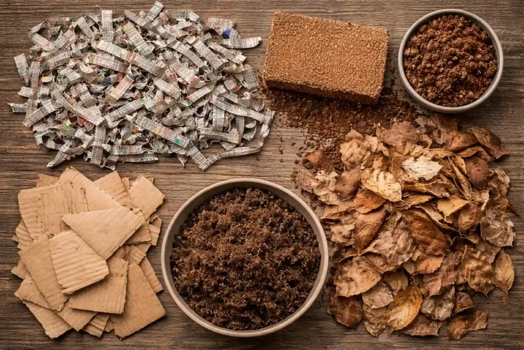 Flat lay of worm bedding materials — newspaper strips, coco coir brick, cardboard pieces, dried leaves, peat moss