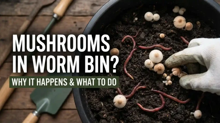 Bright yellow mushrooms growing alongside a red wiggler worm inside a damp indoor compost bin.