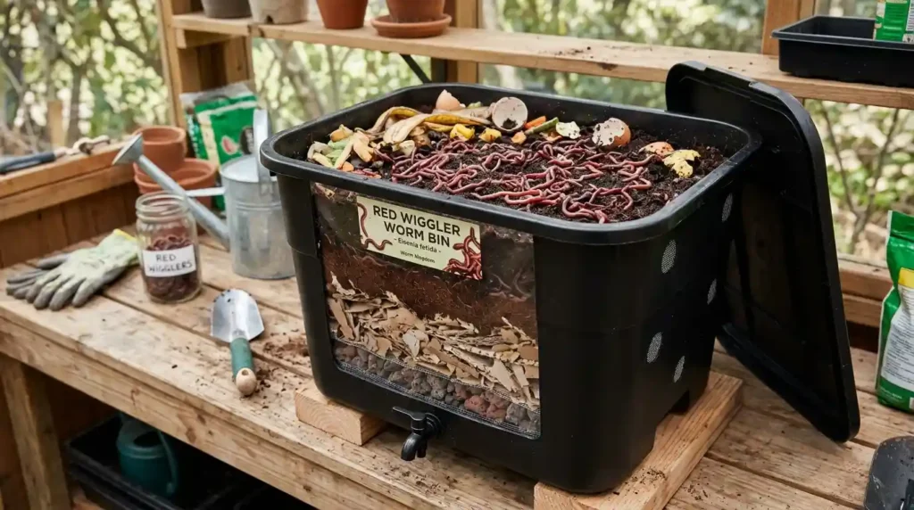 Worm bin setup with layered bedding, coco coir, and red wigglers visible on top