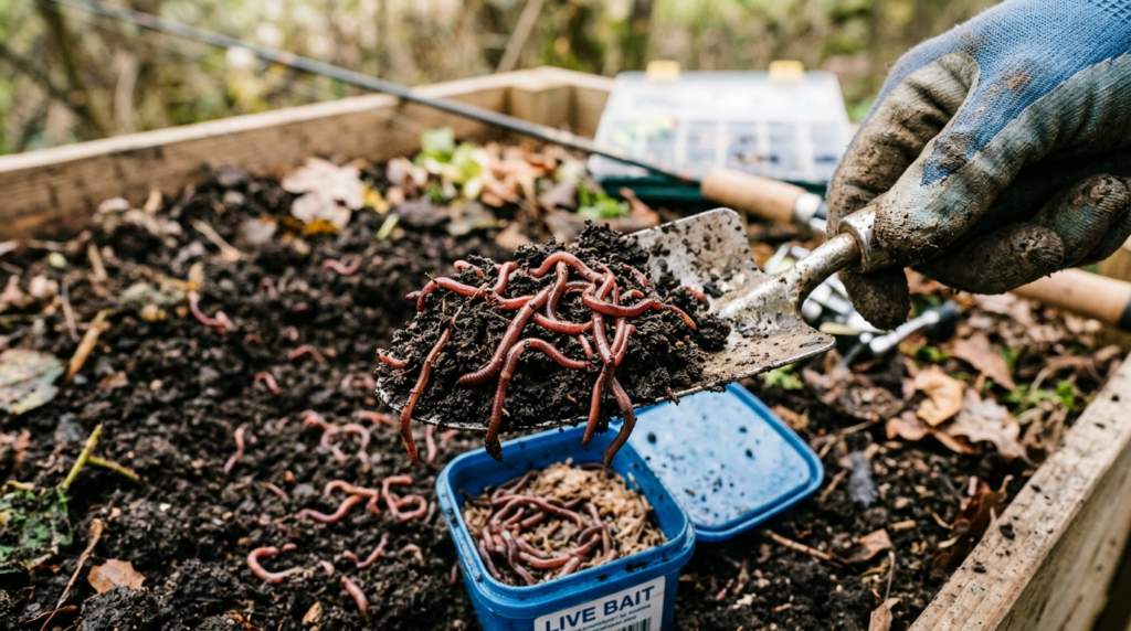 Close-up of red wiggler worms in dark compost soil, ready for fishing bait