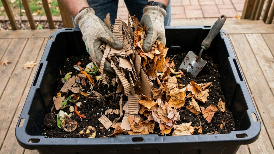 Adding shredded cardboard and dry leaves into a worm bin to fix ammonia smell