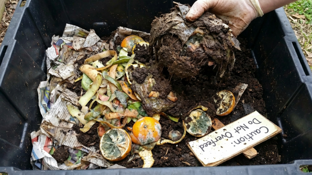 Close-up of a worm bin with visible ammonia smell issue — dark, wet bedding and food scraps