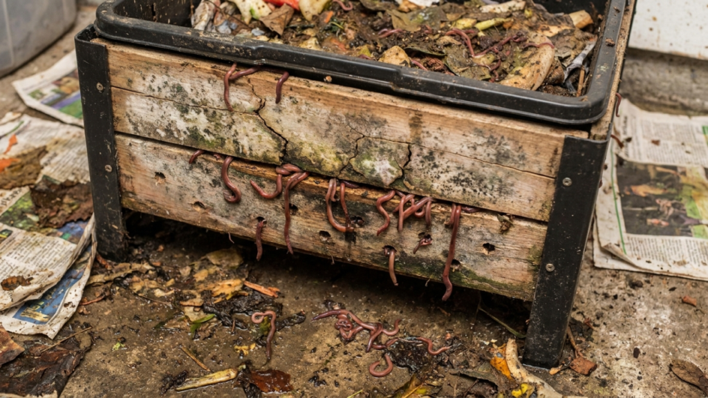 unhealthy worm bin showing worms escaping from sides