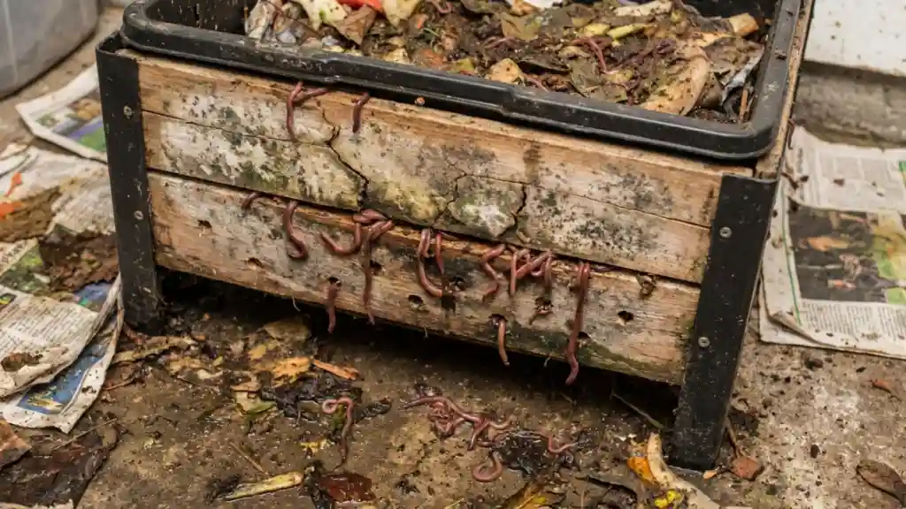 unhealthy worm bin showing worms escaping from sides